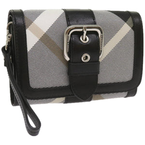 Luxury Burberry Nova Check Wallet Nylon Gray Black Auth bs12103