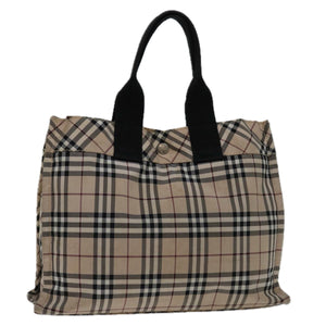 Luxury Burberry Nova Check Hand Bag Nylon Beige Black Auth bs12785