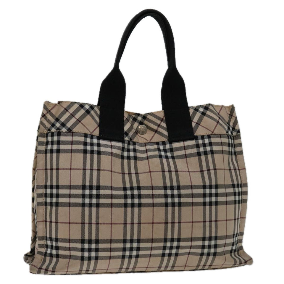 Luxury Burberry Nova Check Hand Bag Nylon Beige Black Auth bs12785