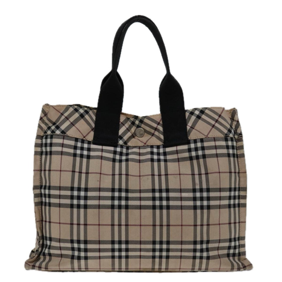 Luxury Burberry Nova Check Hand Bag Nylon Beige Black Auth bs12785