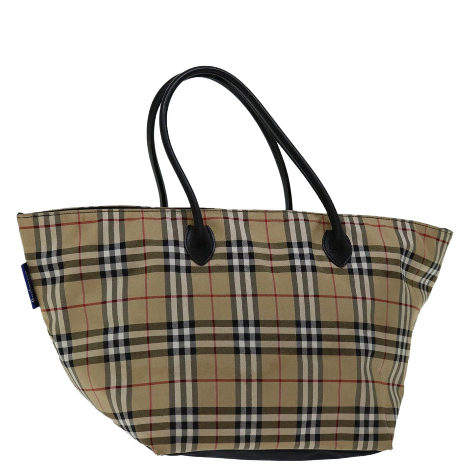 Luxury BurberrySs Nova Check Blue Label Hand Bag Nylon Beige Auth bs13235