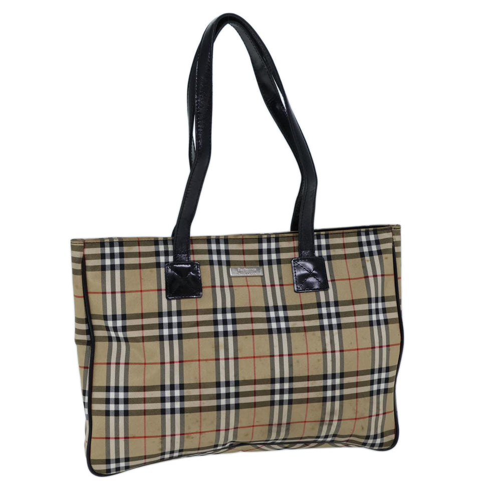 Luxury BurberrySs Nova Check Blue Label Tote Bag Nylon Beige Black Auth bs13687