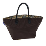 Luxury BurberrySs Nova Check Blue Label Hand Bag Nylon Brown Black Auth bs13693