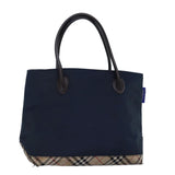 Luxury BurberrySs Nova Check Blue Label Tote Bag Nylon Black Beige Auth bs14389