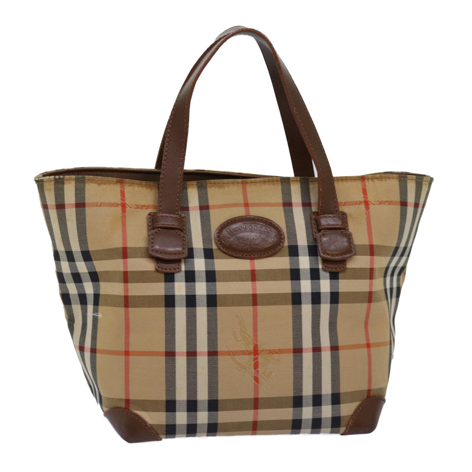 Luxury BurberrySs Nova Check Hand Bag Canvas Beige Auth bs14688