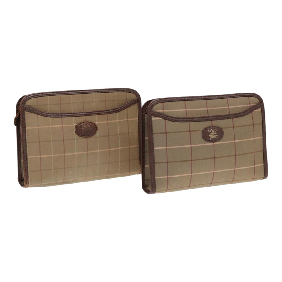 Luxury BurberrySs Nova Check Clutch Bag Canvas Leather 2Set Brown Beige Auth bs16912