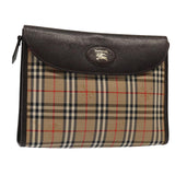 Luxury BurberrySs Nova Check Clutch Bag Canvas Leather Beige Brown gold Auth bs17029
