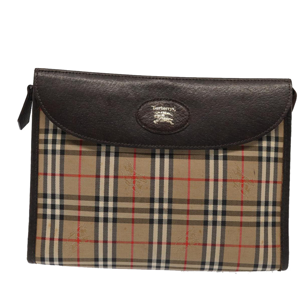 Luxury BurberrySs Nova Check Clutch Bag Canvas Leather Beige Brown gold Auth bs17029