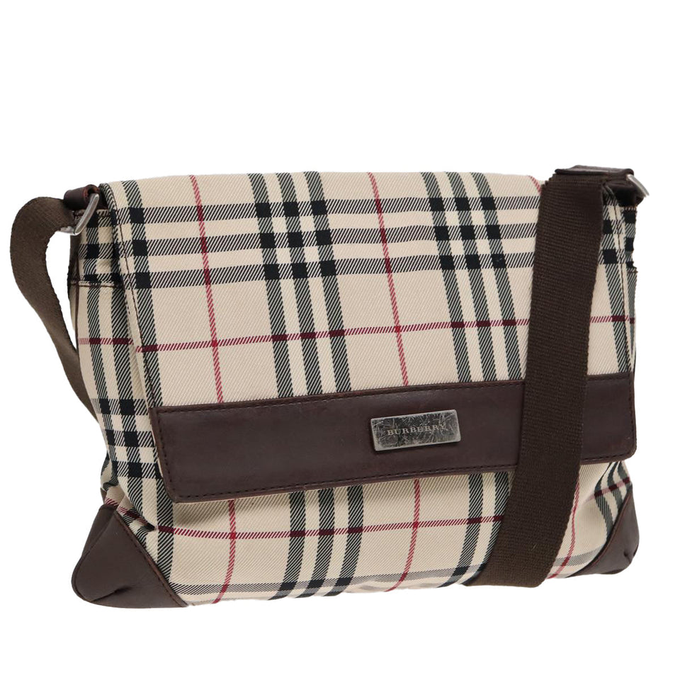 Luxury Burberry Nova Check Shoulder Bag Nylon Beige Brown Silver Auth bs17441