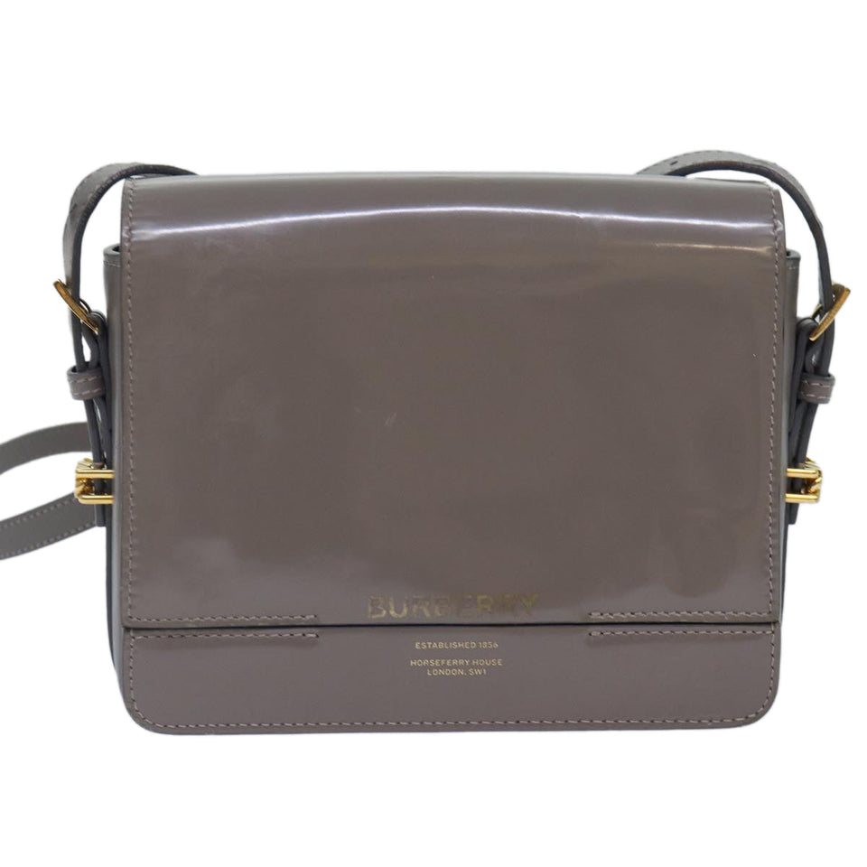 Luxury Burberry Shoulder Bag Patent leather Gray Gold Auth bs17639