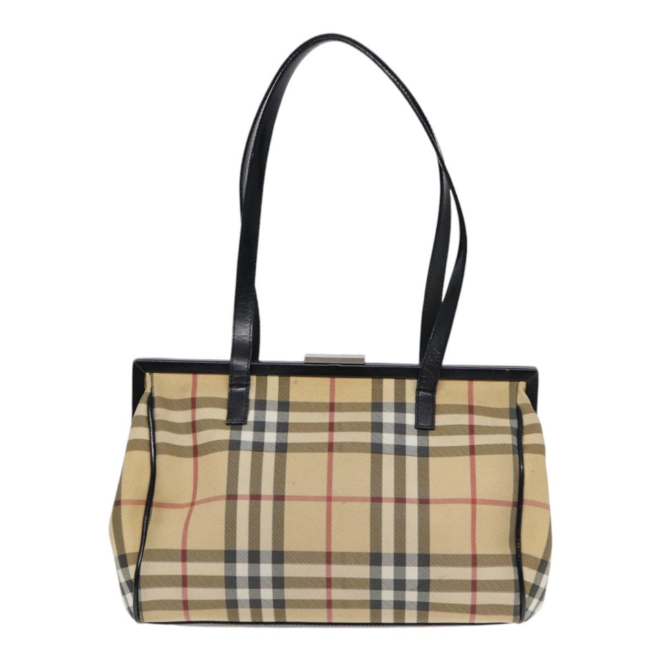 Luxury Burberry Nova Check Shoulder Bag PVC Beige Silver Auth bs17694