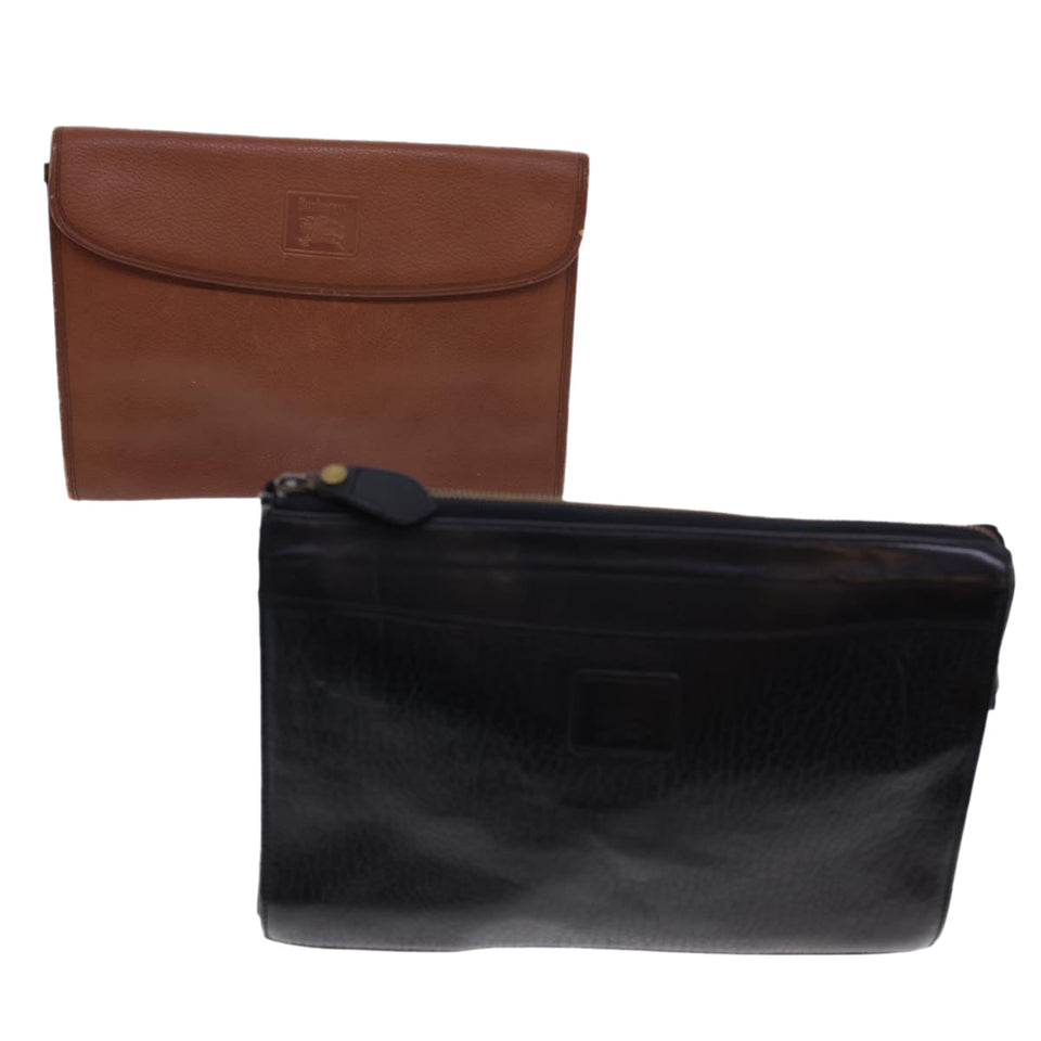 Luxury BurberrySs Clutch Bag Leather 2Set Brown Black Auth bs4863