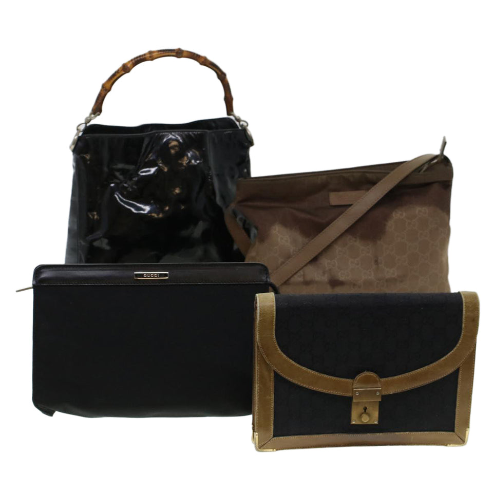 Gucci GG Canvas Bamboo Shoulder Bag Patent leather 4Set Black Beige bs5393