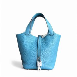 Hermes Picotin 18 - New Blue Jean Mauve Pale Square T TC Clemence Silver Hardware