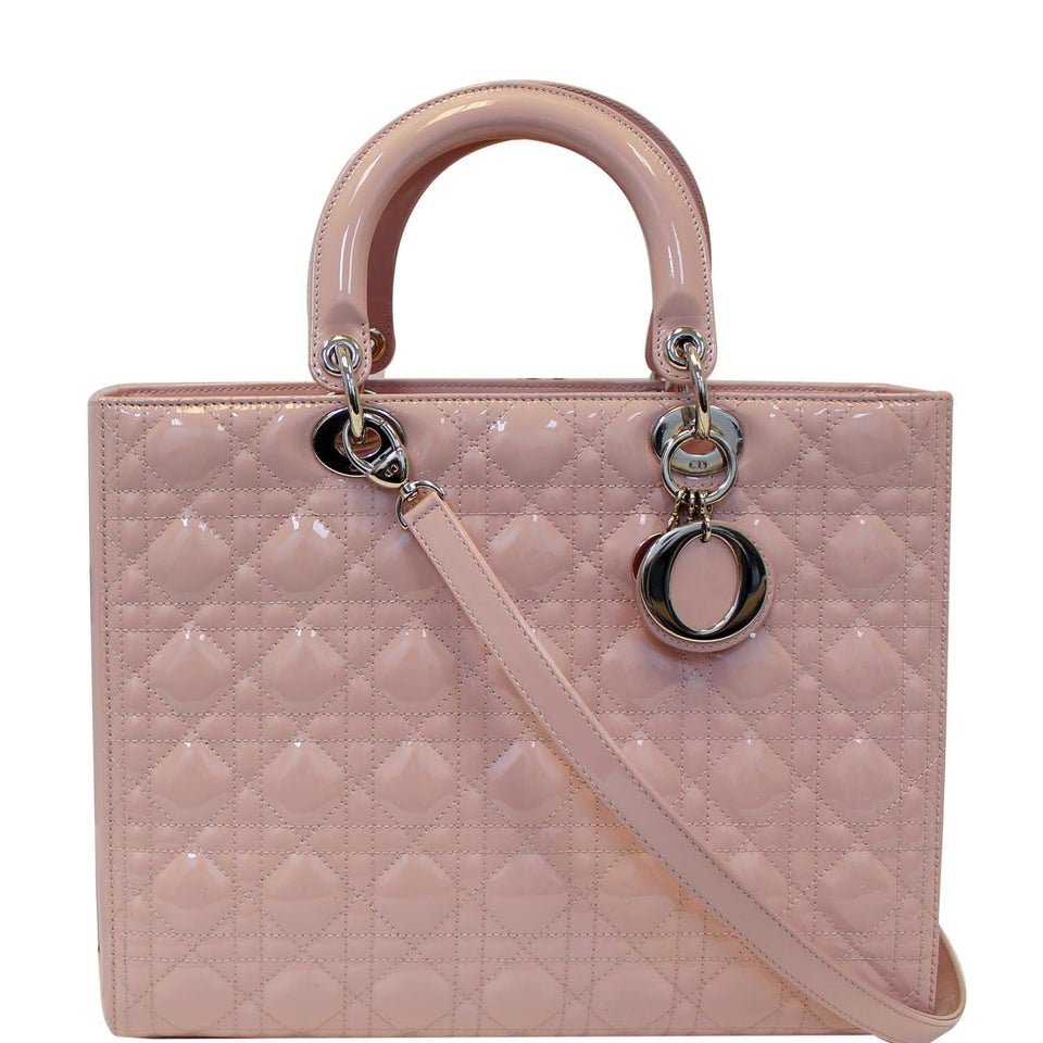 Christian Dior Quilted Patent Leather Lady Dior Large Shoulder Bag Pink