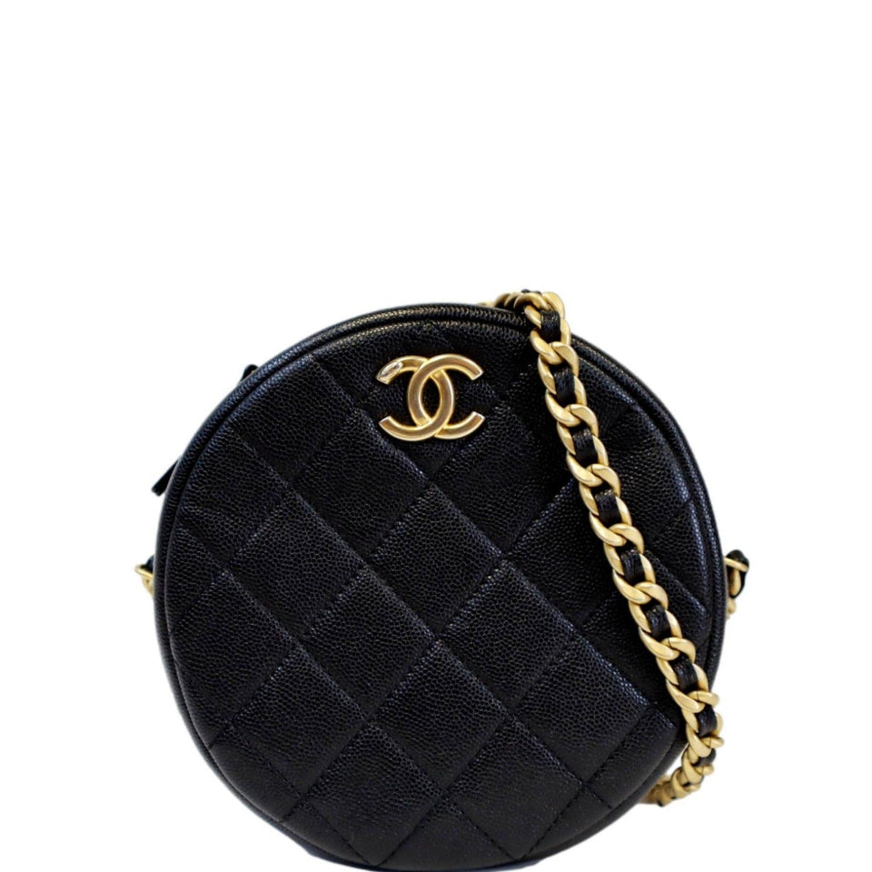 Chanel Round Quilted Caviar Leather Clutch Crossbody Bag Black