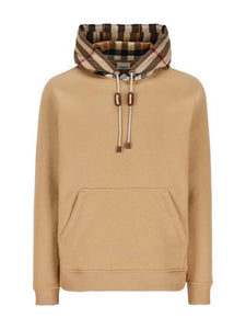 Luxury Burberry Check Cotton Blend Hoodie Camel Beige
