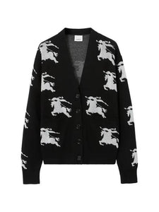 Luxury Burberry Cotton EKD Intarsia Knit Cardigan Black White