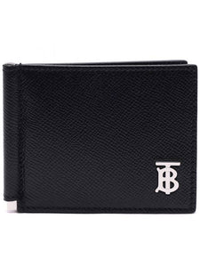 Luxury Burberry Men's TB Money Clip Grainy Leather Half Wallet Black
