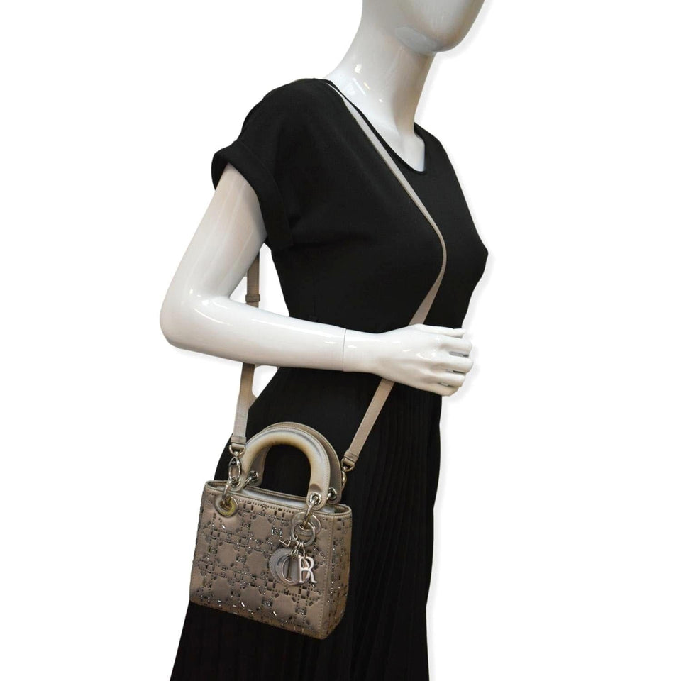 Christian Dior Mini Lady Dior Crystal Embellished Satin Shoulder Bag Gray