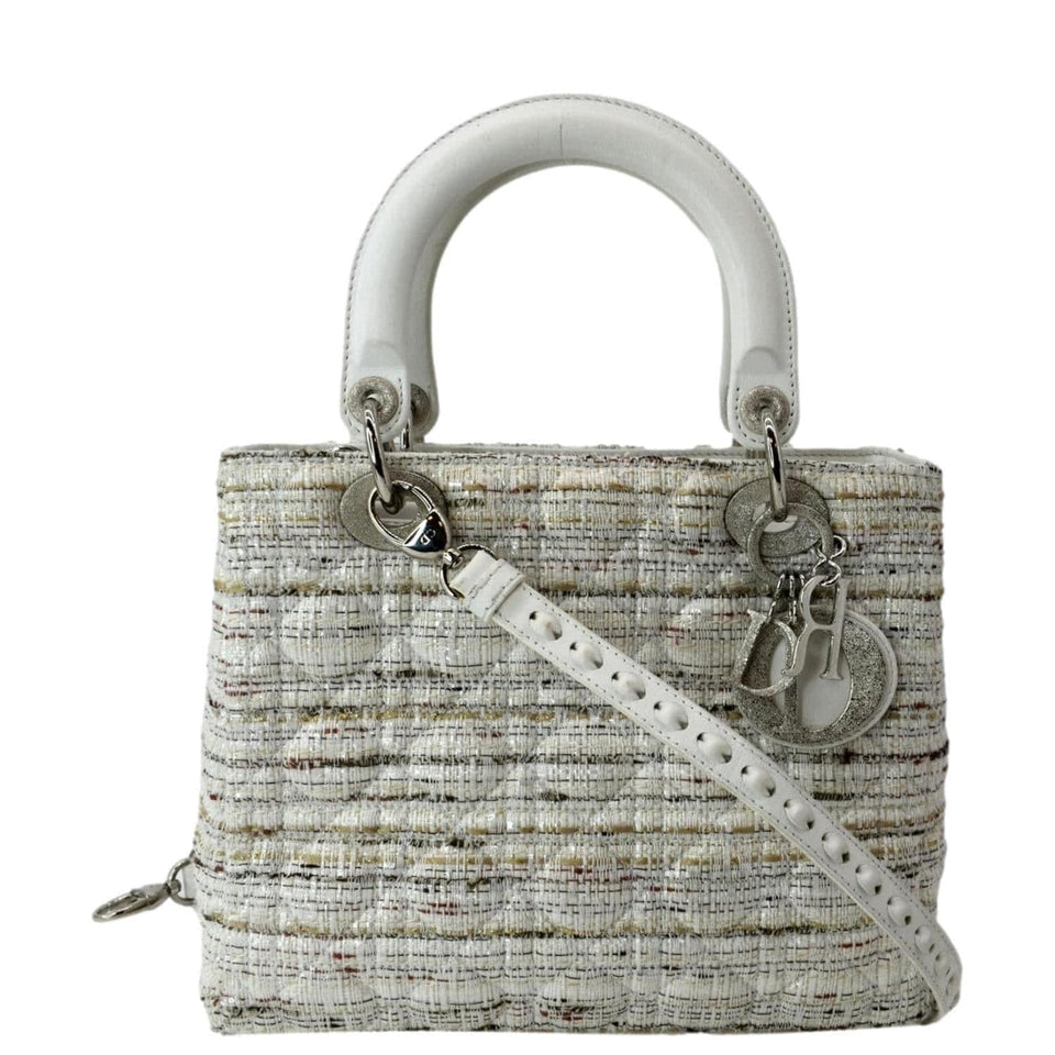 Christian Dior Medium Lady Dior Tweed Leather Shoulder Bag White