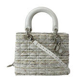 Christian Dior Medium Lady Dior Tweed Leather Shoulder Bag White