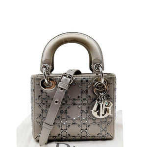 Christian Dior Mini Lady Dior Crystal Embellished Satin Shoulder Bag Gray