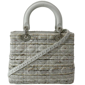 Christian Dior Medium Lady Dior Tweed Leather Shoulder Bag White