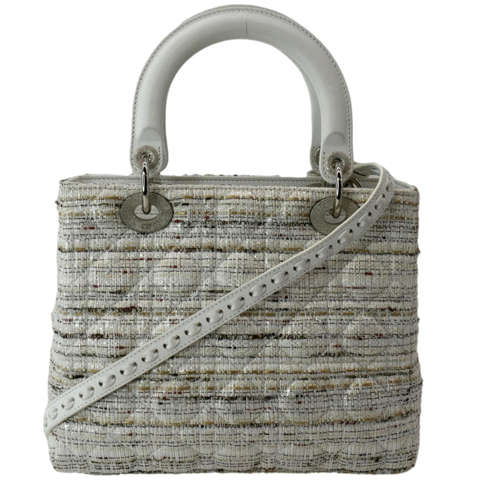 Christian Dior Medium Lady Dior Tweed Leather Shoulder Bag White