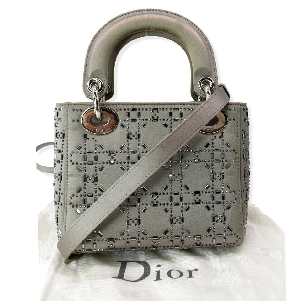 Christian Dior Mini Lady Dior Crystal Embellished Satin Shoulder Bag Gray
