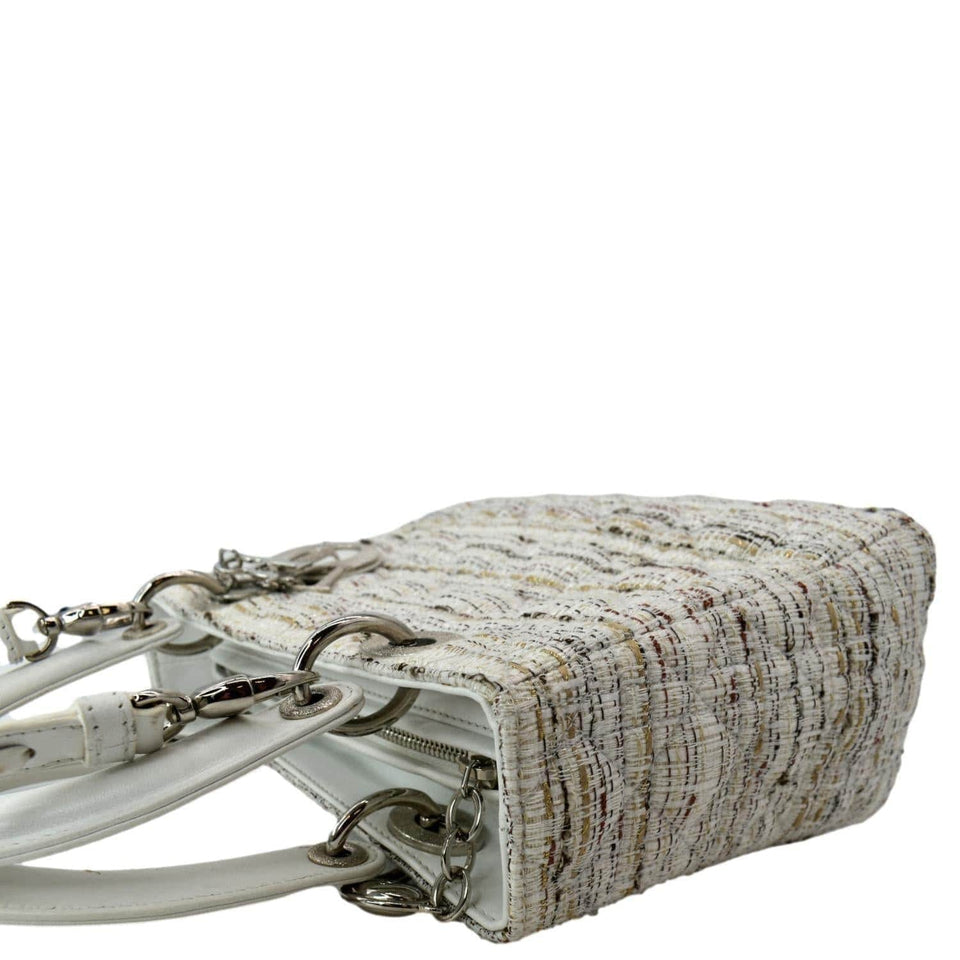 Christian Dior Medium Lady Dior Tweed Leather Shoulder Bag White
