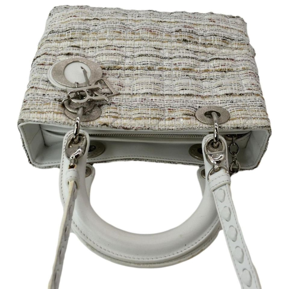 Christian Dior Medium Lady Dior Tweed Leather Shoulder Bag White