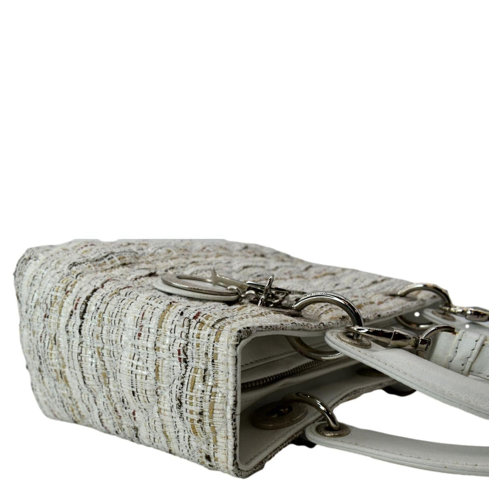 Christian Dior Medium Lady Dior Tweed Leather Shoulder Bag White