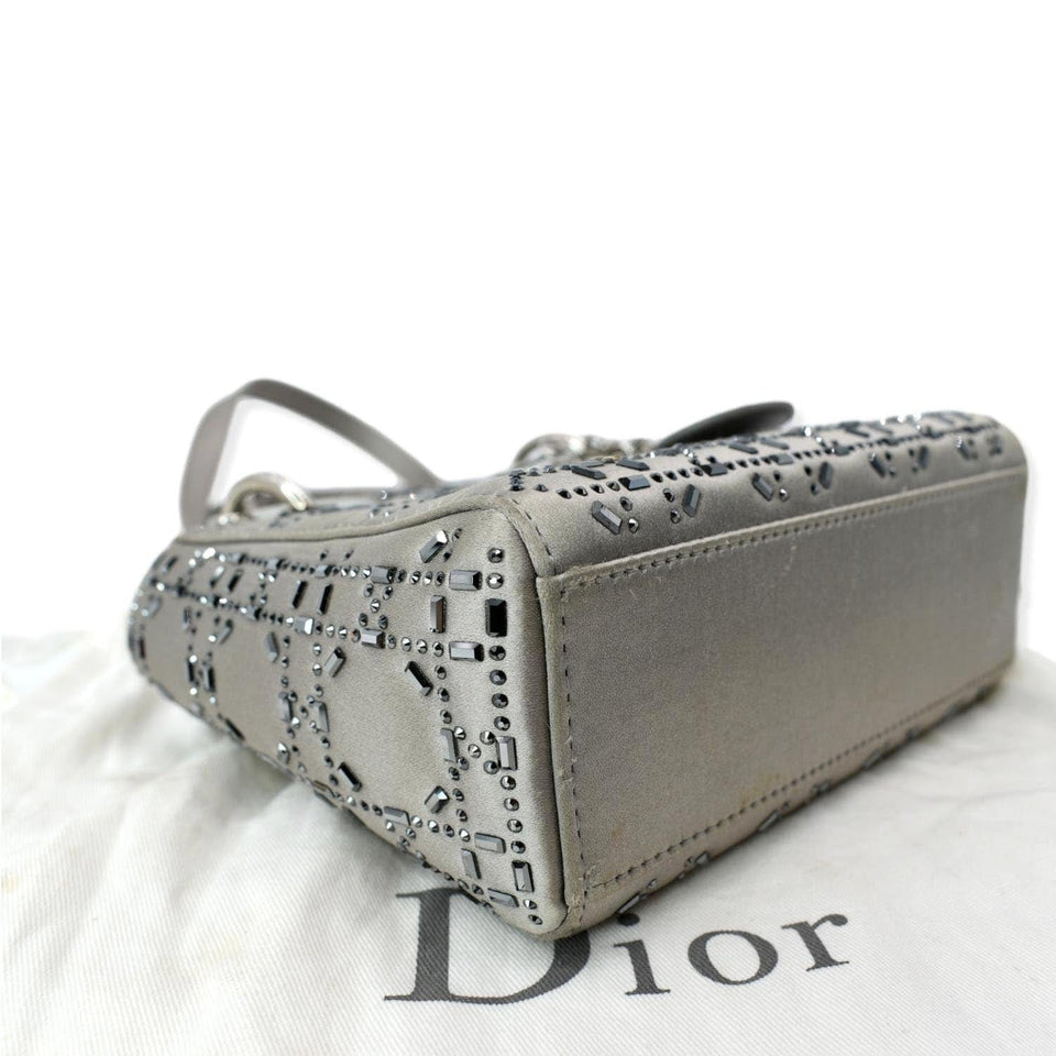 Christian Dior Mini Lady Dior Crystal Embellished Satin Shoulder Bag Gray