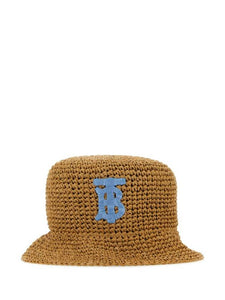 Luxury Burberry Monogram Motif Raffia Effect Bucket Hat Beige