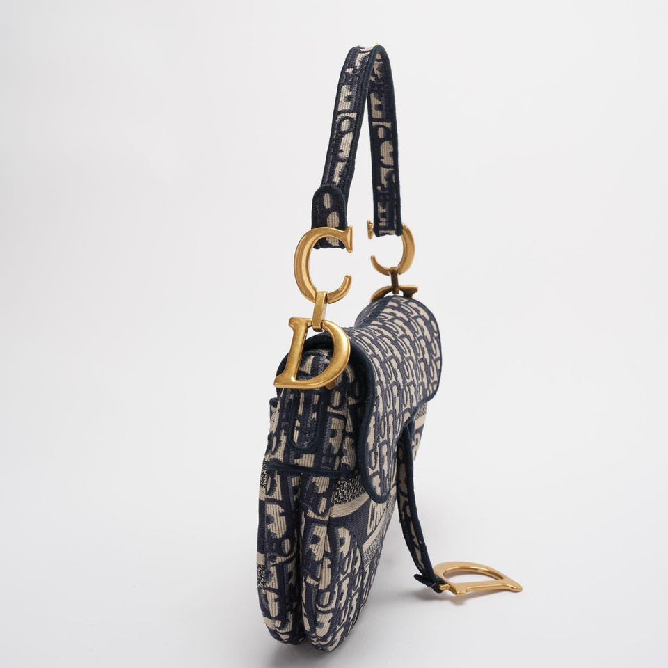Dior Saddle Bag Blue Oblique Embroidery Bag Medium with Shoulder Strap 2021