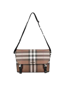 Luxury Burberry Check Print Leather Messenger Bag Dark Birch Brown