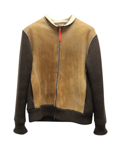 Prada Shearling Trim Bomber Jacket in Brown Suede