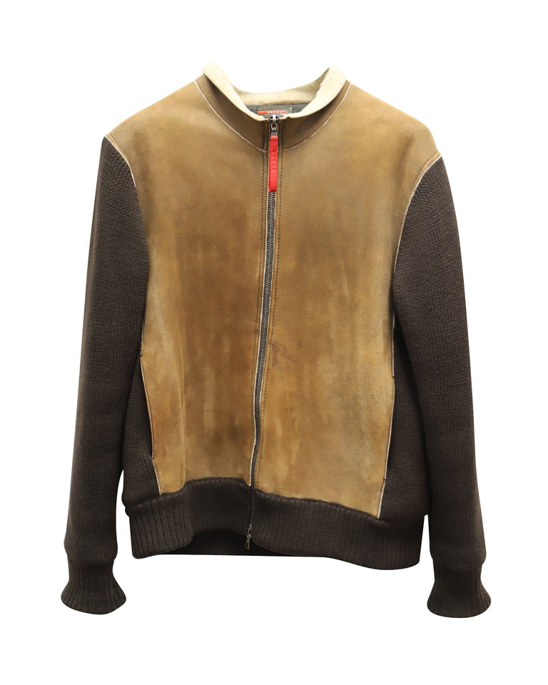 Prada Shearling Trim Bomber Jacket in Brown Suede