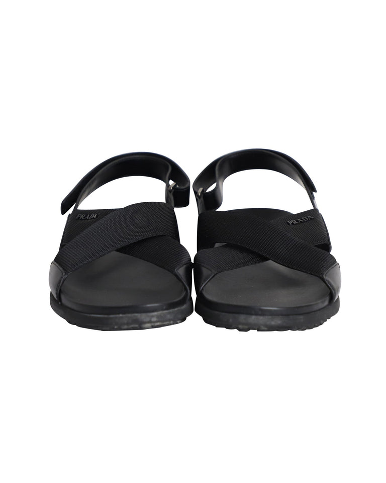 Prada Logo Strap Crisscross Sandals in Black Leather