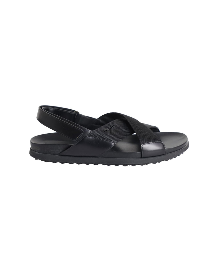 Prada Logo Strap Crisscross Sandals in Black Leather