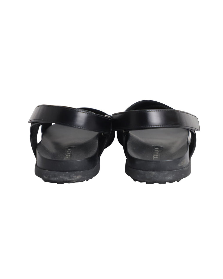 Prada Logo Strap Crisscross Sandals in Black Leather