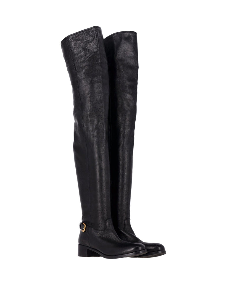 Prada Over-The-Knee Buckled Boots in Black Leather