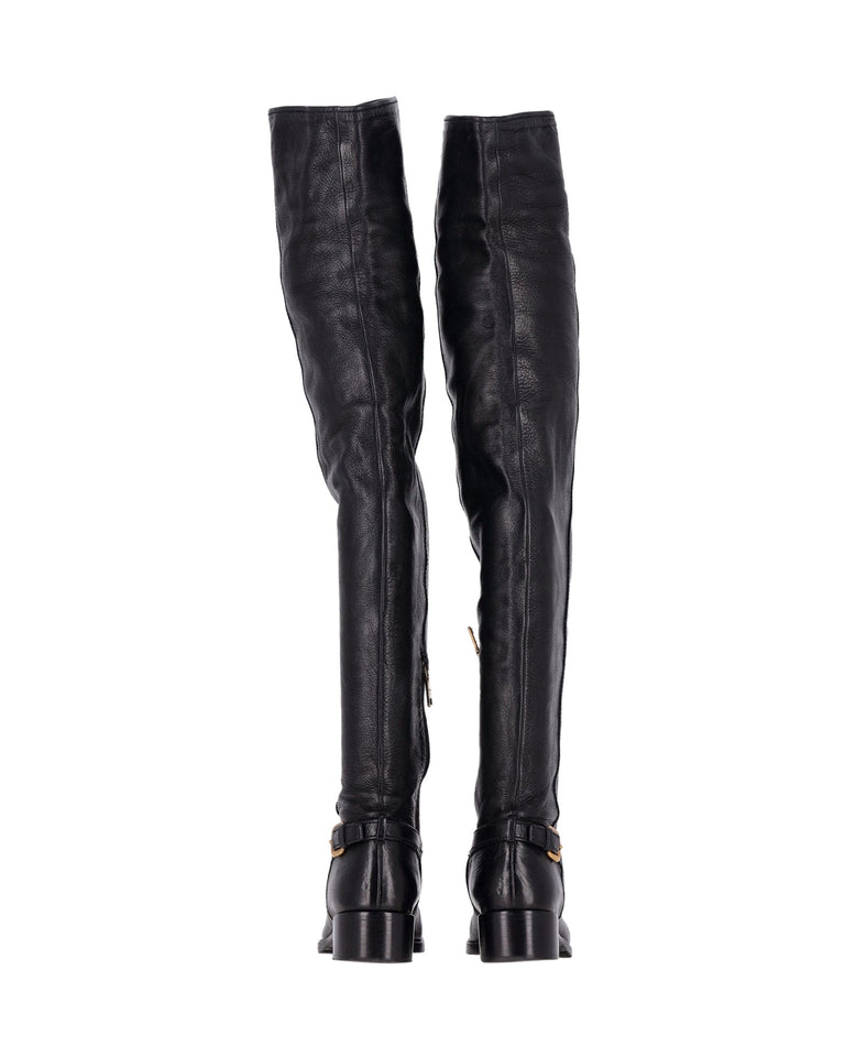 Prada Over-The-Knee Buckled Boots in Black Leather