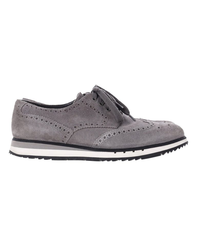 Men's Prada Wingtip Detail Derby Sneakers in Grey Suede
