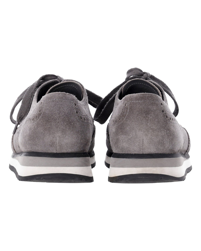 Men's Prada Wingtip Detail Derby Sneakers in Grey Suede