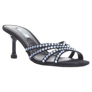 Women's Prada crystal rhinestone strappy open toe mid heel sandal