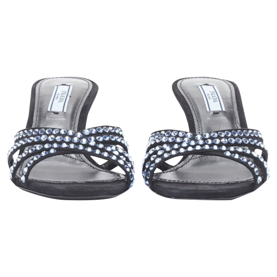 Women's Prada crystal rhinestone strappy open toe mid heel sandal