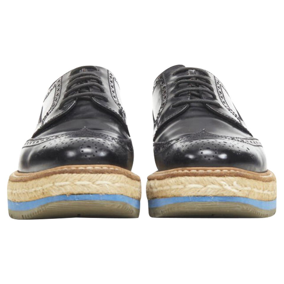 Women's Prada perforated leather jute espadrille platform brogue