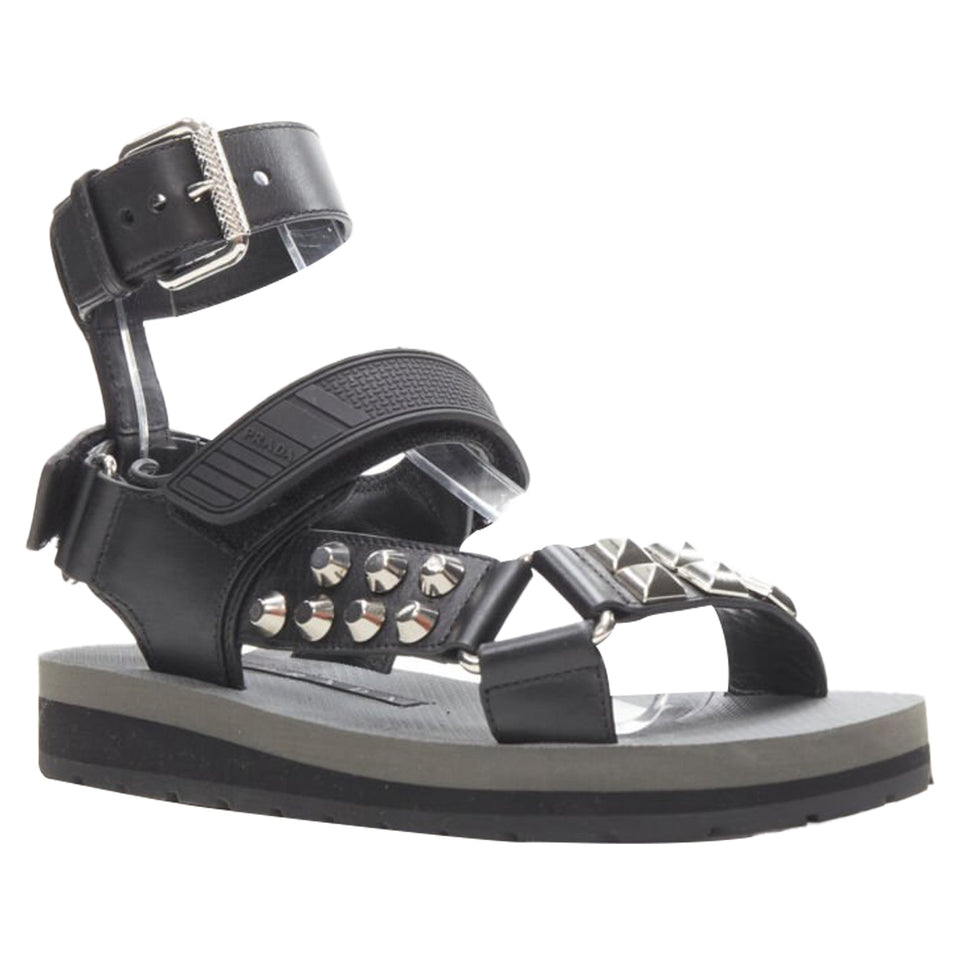 Women's Prada silver punk stud embellished sports strap gladiator sandals